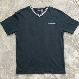 Vintage Y2K DKNY Jeans Ribbed Black Short Sleeve V-Neck Shirt Size Large